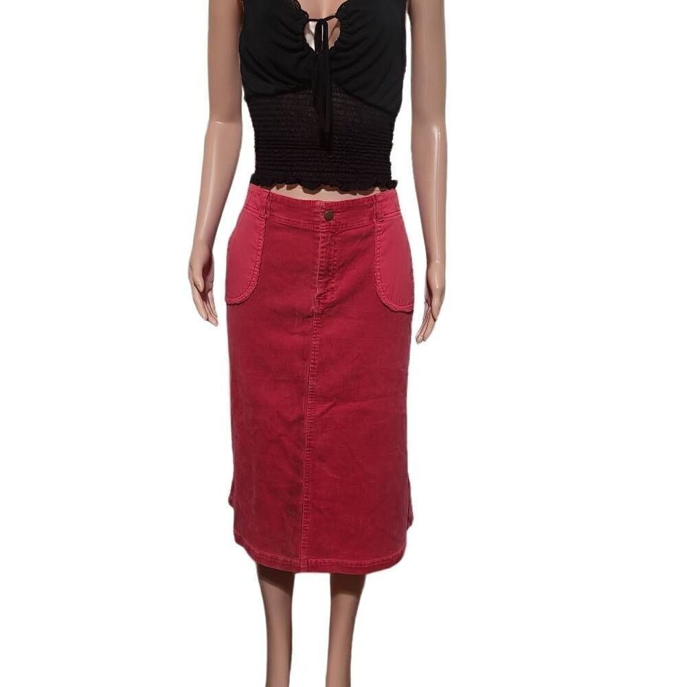 pulp women's red high-waisted corduroy patch pockets midi skirt L